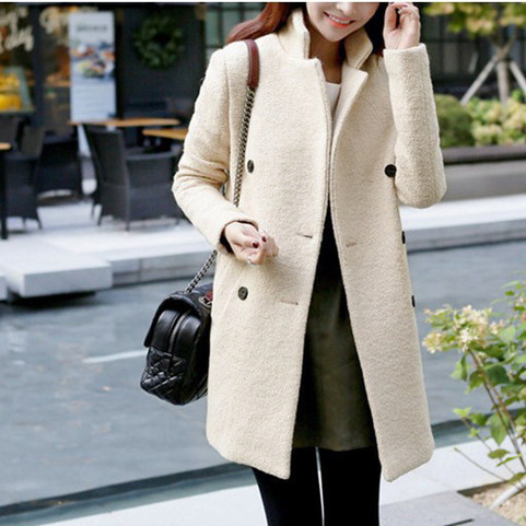 Women Stylish Double Breasted Furry Collar Classy Wool Coat